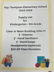 Ray Thompson Elementary School Supply List 2023-2024