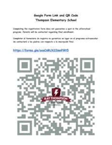 Thompson Elementary School Afterschool Program Registration QR code and link
